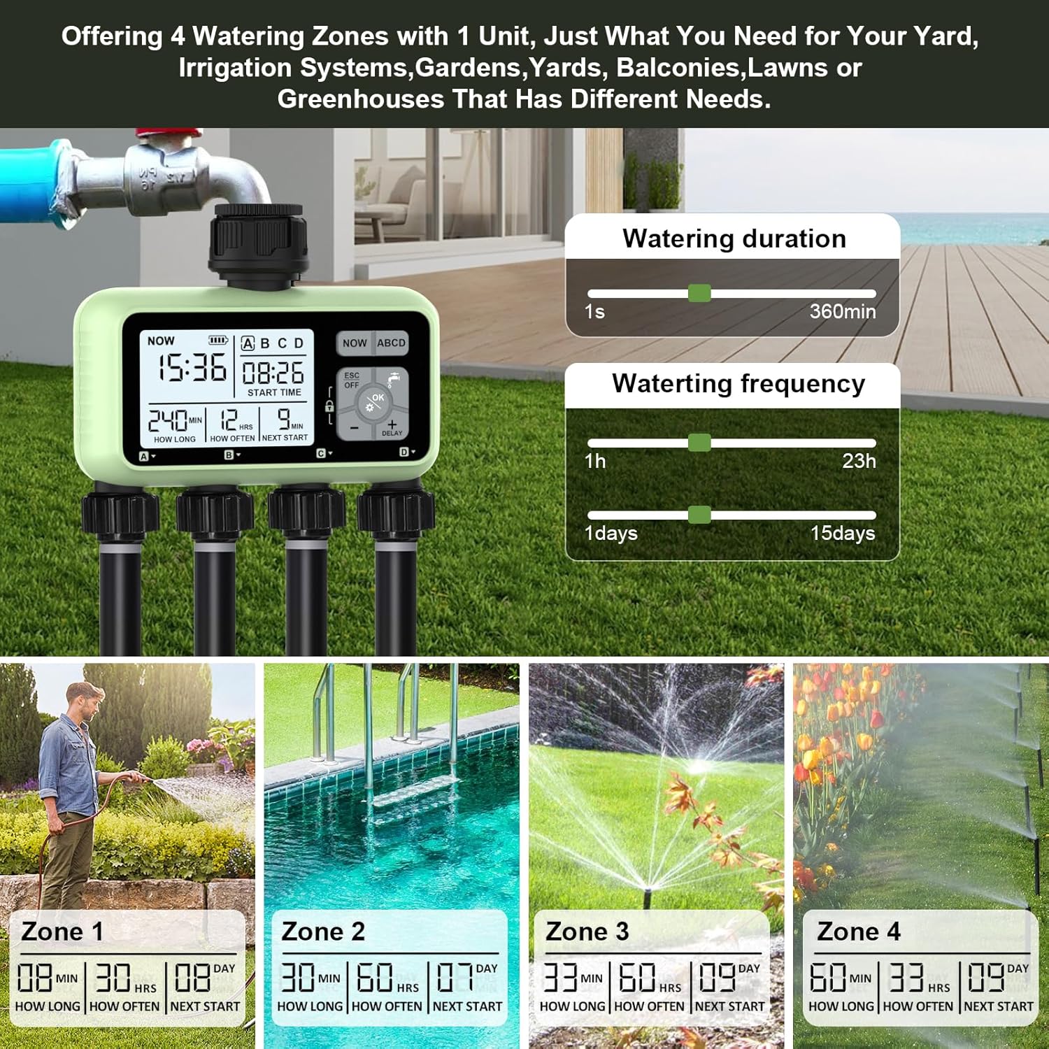 Pinolex – 4 Outlet Sprinkler Timer Water Timer, Programmable Garden ...